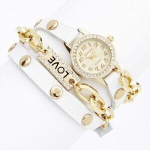 NWOT Geneva Platinum White & Gold 'Love' Rhinestone Wrap Bracelet Watch